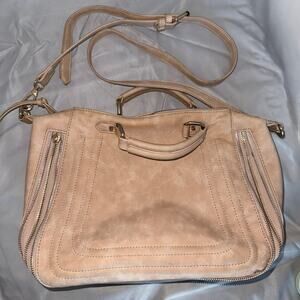 Beige Faux Suede Shoulder Crossbody Bag w/ Zipper Details - Boho Festival